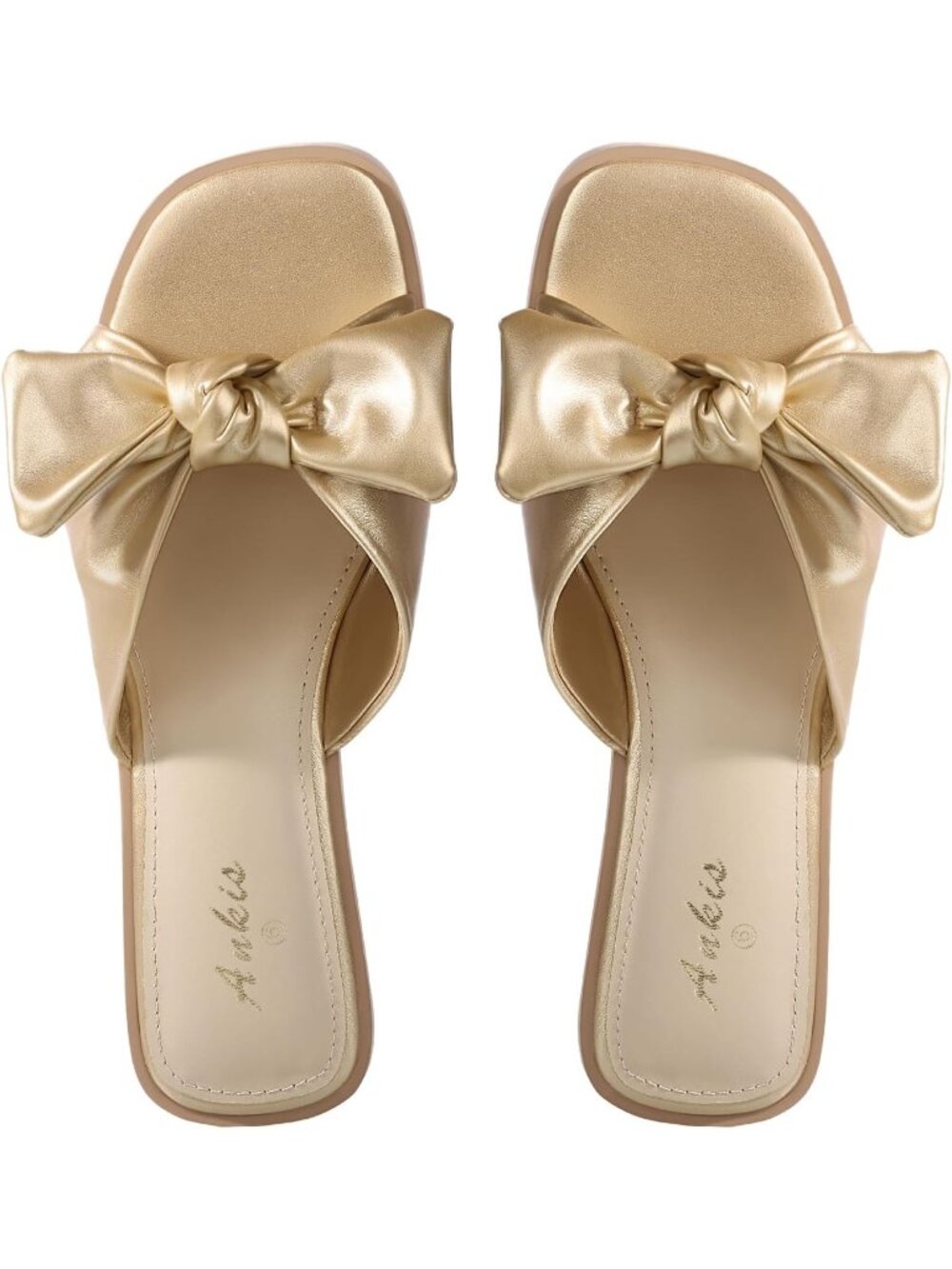 🆕Women's Gold Bow Flat Sandals Square Open Toe Dressy Comfortable Slides